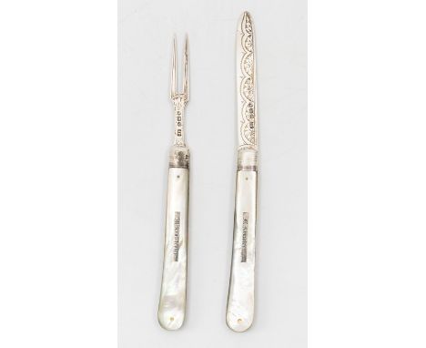 A late Victorian silver folding knife &amp; fork set, mother of pearl handles with inset name plaques - M. Armstrong, maker J