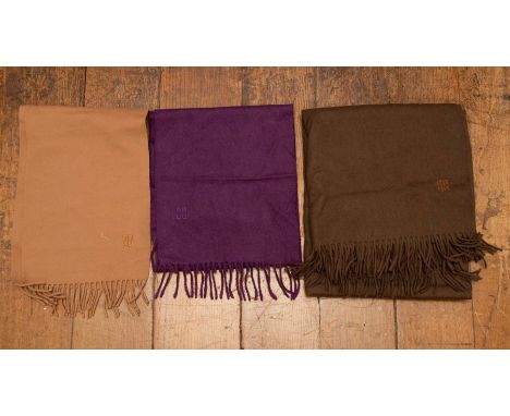 A lambs wool camel Daks scarf, a purple cashmere scarf and mid brown pashmina made in UK, lambs wool. (3)&nbsp;