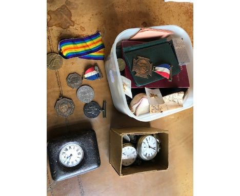 A parcel of miscellaneous items, to include silver and nickel pocket watches, a WWI war and victory medal, mixed coins, light