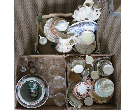 Three boxes of assorted ceramics and glass. To include Chinese, a large Staffordshire figure, plates, cups and saucers, bowls