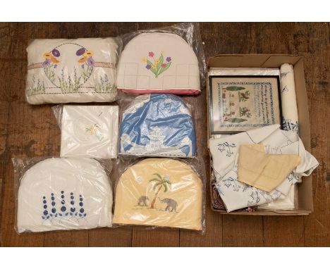 A collection of tea cosies to include: one with two embroidered elephants, one with yellow & gold zinnia's, a white/blue flow