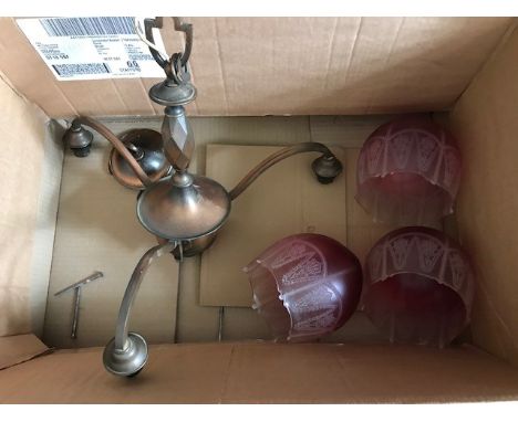 Vintage Lighting, a circa 1920's copper triple pendant electrolier, with frosted glass shades