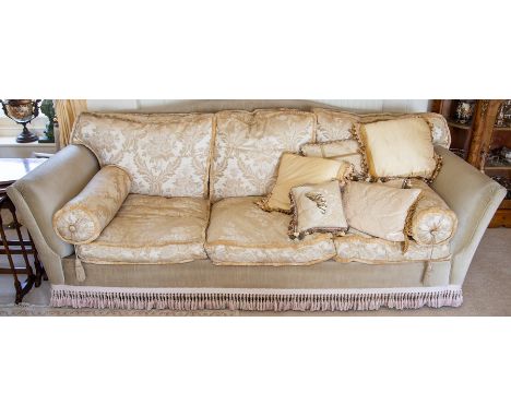 A mid-20th Century three-piece lounge suite, comprising two armchairs and a three-seater sofa, upholstered in pale celadon ve
