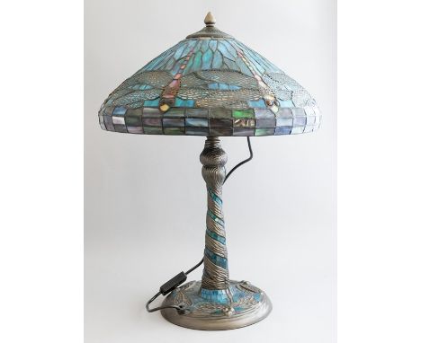 An Art Nouveau style double light table lamp decorated with dragonfly, height 58cm, with matching leaded glass shade