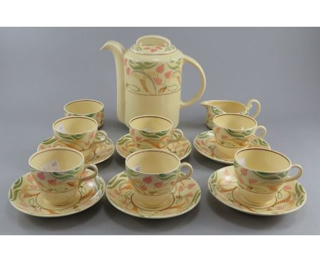 An early twentieth century art deco period floral decorated Bristol Pottery pattern tea service, c. 1910-30. To include a cof
