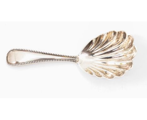 A late Victorian old English beaded pattern silver tea caddy spoon, shell bowl, London 1894, approximate weight 17 grams