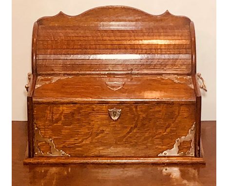 A Victorian oak and silver plate mounted tambour tea caddy, three quarter gallery serpentine shape top, tambour and hinged fo