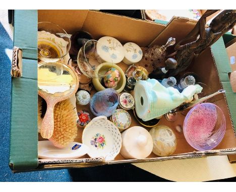 Collection of enamel Staffordshire trinket boxes, Wedgewood, glass ware decanters, etc.