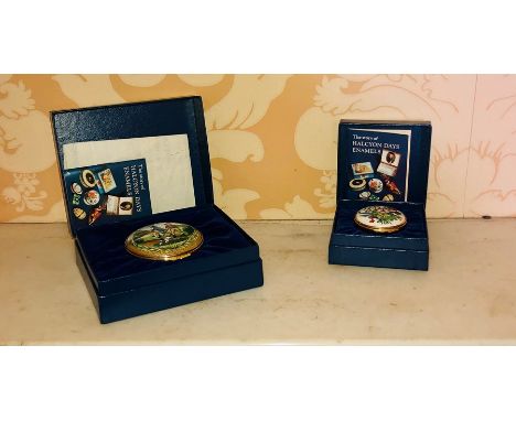 A Halcyon Days Enamels Bilston &amp; Battersea revival trinket box; another (boxed)