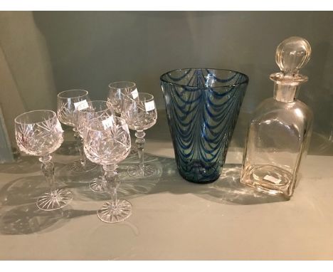 A 19th Century Nailsea type tapered vase, blue inclusions, broken pontil, height 20cm, a set of recent cut glass hock glasses