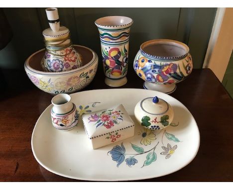 Poole Pottery, eight various items of Poole pottery, to include a platter, vases, pots, lamp base etc (restorations) (8)