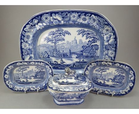 A group of early nineteenth century blue and white transfer-printed wares, c.1830. To include a platter, sauce tureen and two