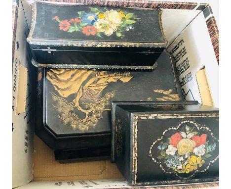 A 19th century lacquered tea caddy; similar jewellery box; another (3)