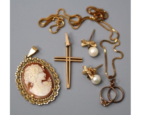 A French gold cross, a shell cameo of a lady in pendant mount, a pair of bowl mounted cultured pearl earings and a box link c