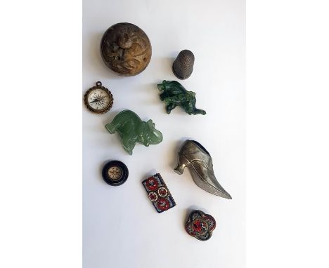 A small collection of items to include button compass, micro mosaic brooches, boot pin cushion, two jade elephants and other 
