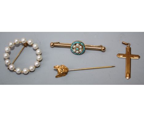 An Edwardian gold bar brooch set with seed pearls and turquoise in a cluster mount, a fox mask stick pin, circular cultured p