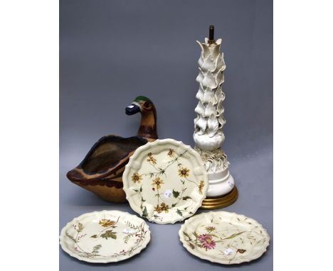 A circa 1970's Mexican painted pottery jardiniare modelled as a backwards facing duck 30 x 35 cms, together with a set of thr