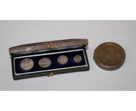A cased set of 1898 Maundy money together with a patch box fashioned from a 1797 cartwheel penny&nbsp;