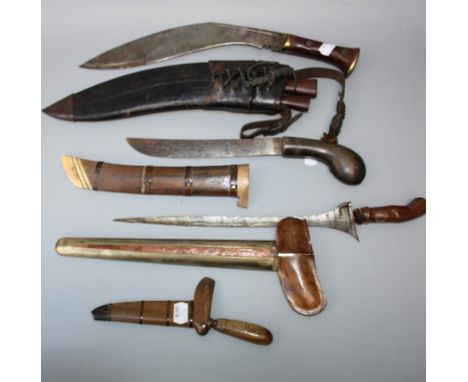 1939 -45 Gurkha Kukri and scabbard with accompanying karda and chalmak&nbsp; A Sumatran kriss and skinning knife and small Bo