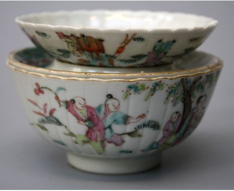 A mid 19th Century Chinese rice wine warming dish, collar and bowl, Tongzhi. Polychrome decorated with figures and flowering 