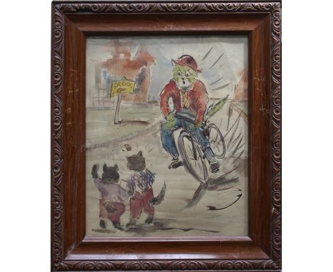 &nbsp;Manner of Louis Wain (English 1860-1939) Teacher on a bicycle swerving to avoid two pupils Watercolour. 29 x 23cm