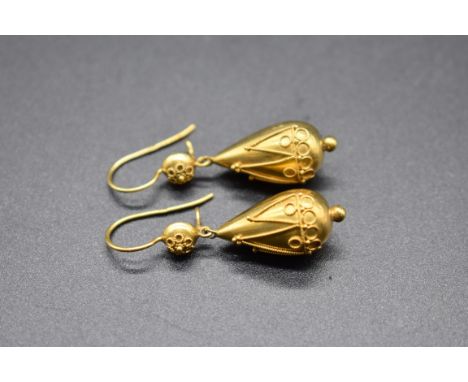 A pair of yellow metal Etruscan revival style earrings, stamped 15ct, gross weight 4.4g.Description has been changed, 'Victor