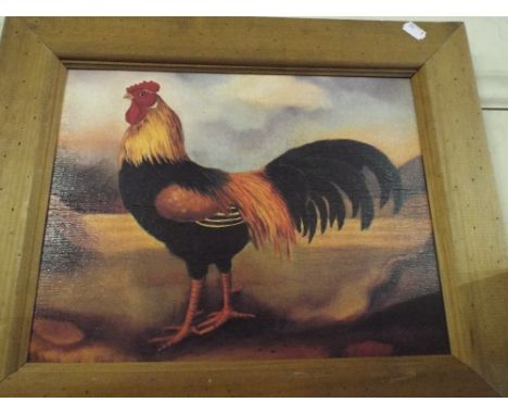 A Pine Framed Print of A Cockerel. 