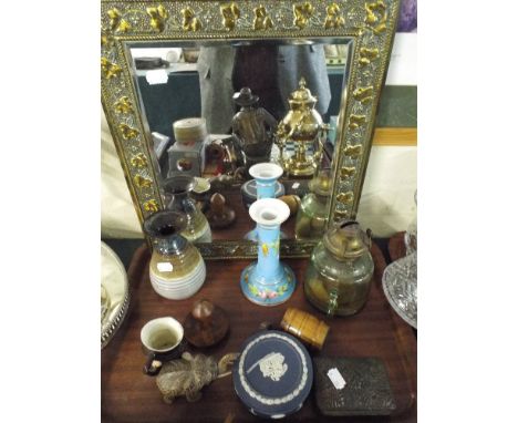 A Tray Containing Brass Framed Mirror, Oil Lamp, Jasper Ware Box, Oriental Box Etc.