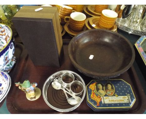 A Tray Containing Safe in The Form of A Speaker, Goebels Ornament, African Carved Wooden Bowl, Vintage Tin Etc. 