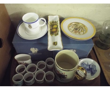 A Tray Containing Two Boxed Wedgwood Cups and Saucers, Aynsley And Other Napkin Rings Etc. 