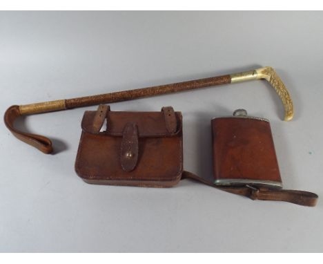 A Collection of Hunting Items to Include Leather Cased Sandwich Box by James Dixon and Sons, a Horn Handled Riding Crop Dated