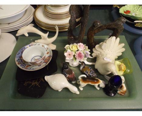 A Tray of Sundries to Include Modern Art Figures, Beswick Fox Hound, Bird Ornaments Etc. 