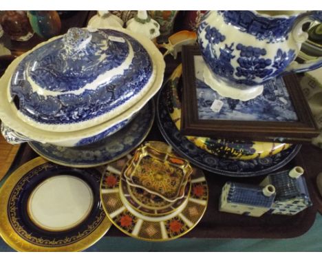 A Tray Containing Blue and White Tureen, Plates, Jug, Royal Crown Derby Imari Ware, Lustre Bowl Etc. 