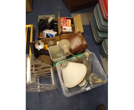 Four Boxes of Sundries to Include Cameras, Books, Cases, Soda Siphons, Table Lamp Etc. 