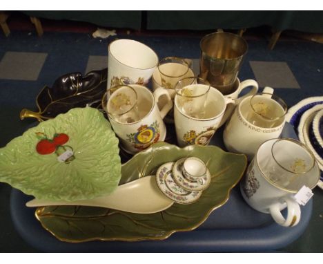 A Tray of Ceramic and Glass Ware To Include Carlton Ware Coalport Commemorative Mugs Etc. 