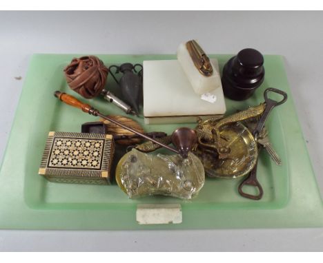 A Tray of Interesting Curios to Include ARP Whistle, Brass Scales, Inlaid Box, Onyx Cigarette Box and Lighter, Parker Bakelit