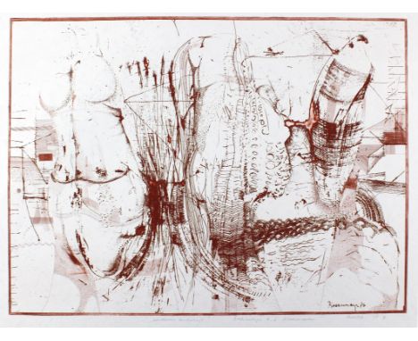 Biedermann, Wolfgang E.: (1940 Plauen - Leipzig 2008). "Phallische Landschaft". Farbradierung in Braunrot 1976. 43,5 x 59, Bl