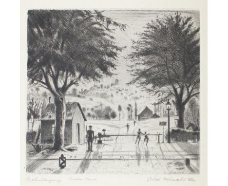 Münch-Khe, Willi: (1885 Karlsruhe 1960). "Bahnübergang Strecke Basel". Radierung. 15,1 x 15,1, Blgr. 31 x 29,5 cm. Sign. u. b