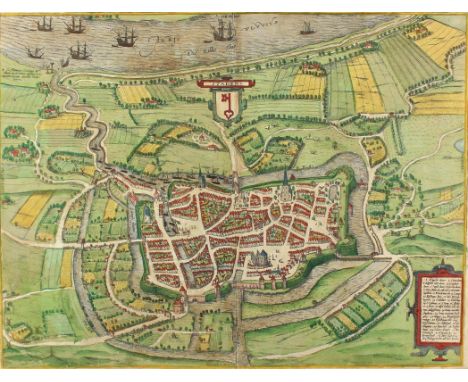 Stade.: Staden. Gesamtansicht aus der Vogelschau. Altkolor. Radierung aus Braun u. Hogenberg, um 1580. 38 x 50 cm. Mit Schiff