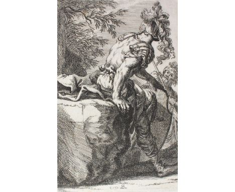 Ridinger, Johann Elias: (1698 Ulm - Augsburg 1767). Rückenansicht eines auf einem Felsen rastenden Kriegers, mit der Linken s
