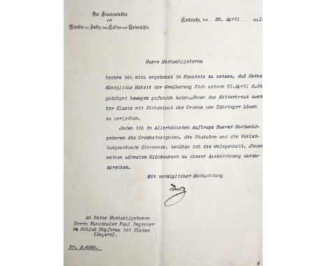 Ordens-Diplom: über das Ritterkreuz zweiter Klasse des Ordens vom Zähringer Löwen für den Kunstmaler Paul Segisser in Karlsru
