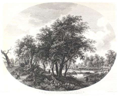 Browne, John: (1741 Finchingfield - Walworth 1801). The Cottage. Teichlandschaft mit großen Bäumen u. Wanderern. Darst. im Qu