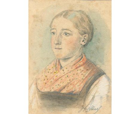 Fischbach, Johann Heinrich: (1797-1871). Portrait einer Frau. Bleistift/Aquarell auf Papier, unter Passep. montiert. 10 x 7 c