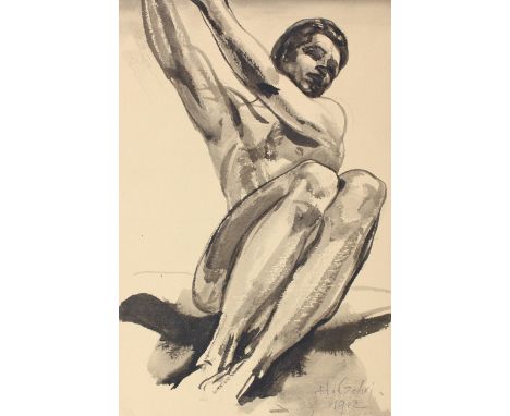 Gehri, Hermann: (1879 Freiburg/B 1944). Sitzender Männerakt mit erhobenen Armen. Lavierte Tuschezeichnung, 1912. Ca. 27 x 18 