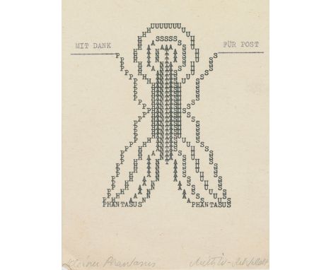 Wolf-Rehfeldt, Ruth: (Wurzen 1932). Der kleine Phantasus. Karten Nr. 1 u. 2 aus der Serie Typewritings im Briefumschlag. Um 1