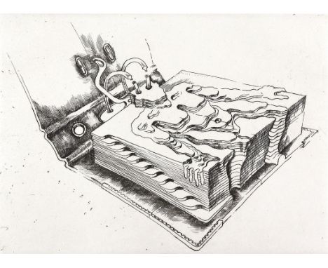 Freese, Peter: (1941 Wepritz - lebt in Wuppertal). Relief einer menschlichen Gestalt in einem Büroordner. Radierung. 1981. 18