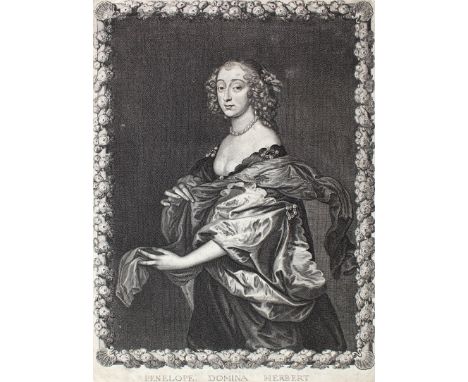 Lombard, Pierre: (1612-1682). Penelope Domina Herbert. Kniestück der Lady Herbert mit Perlenkette u. Tuch. Kupferstich n. van