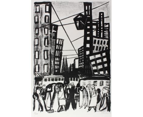 Bährend, Anneliese geb. Schemmel: (1930 - Meckenheim 2014). Belebte Stadt. Lithographie. 1958. 44 x 31 cm. - Ex. 88/100.   R