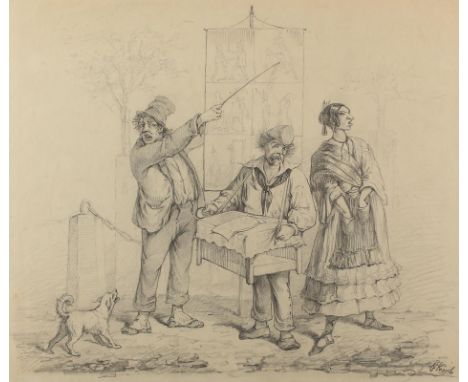 Moritatenerzähler: mit Sängerin. Bleistift- u. Kohlezeichnung v. F.Kaub, 19. Jh. 31 x 37,5 cm. Unt. re. sign.  Leichte Alters