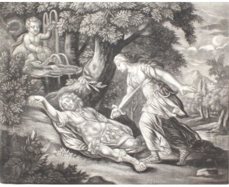 Robinson, Robert: (England, aktiv 1674-1706) nach. Pyramus und Thisbe. Anonymes Mezzotinto, 18.Jh. 20 x 24,8, Blgr. 28 x 43 c